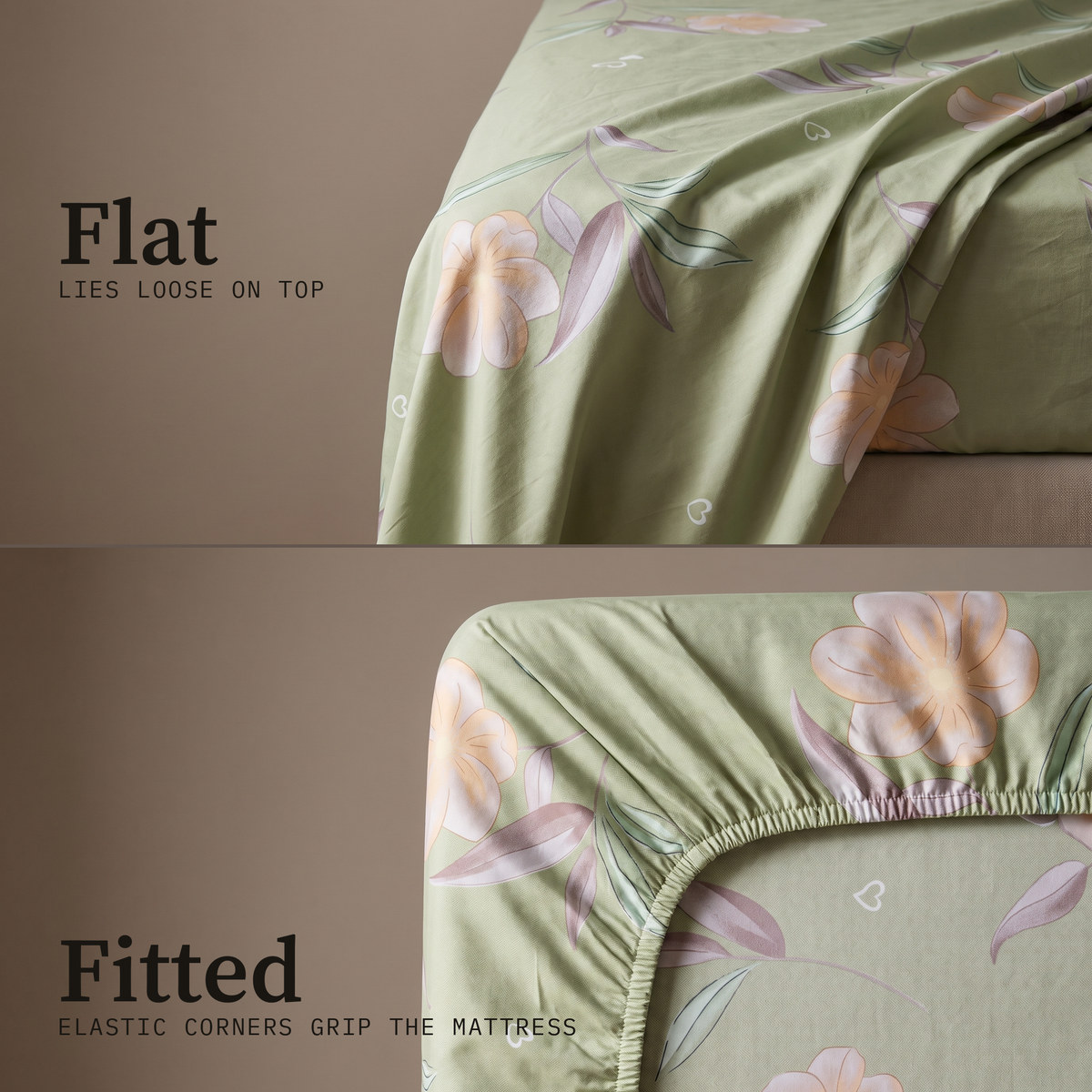 Lotus Sheet Set, flat and fitted sheet side by side, pale pink lotus flowers on sage green