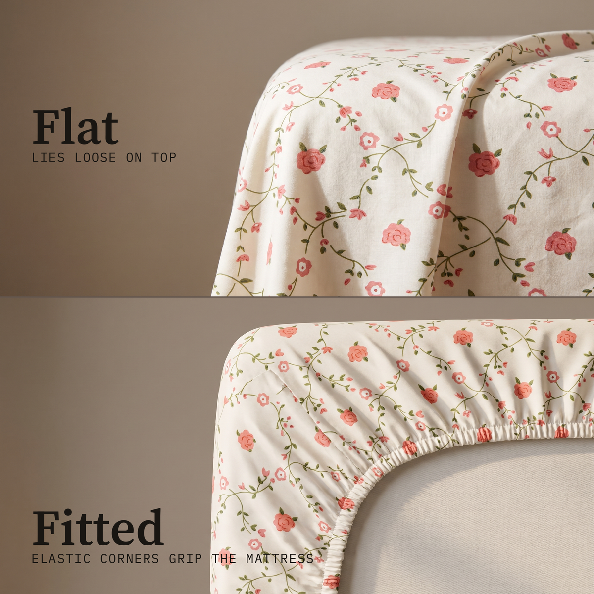 Trellis Sheet Set, flat and fitted sheet side by side, coral flowers on a green trellis