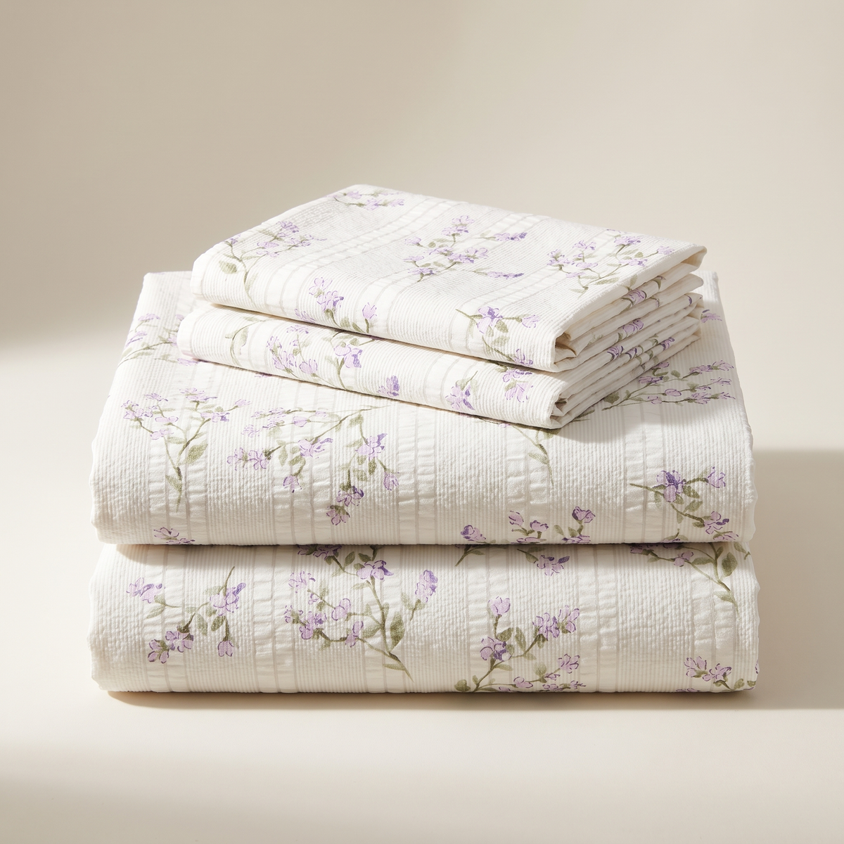 Lavender Sheet Set, folded stack, lavender sprigs on cream