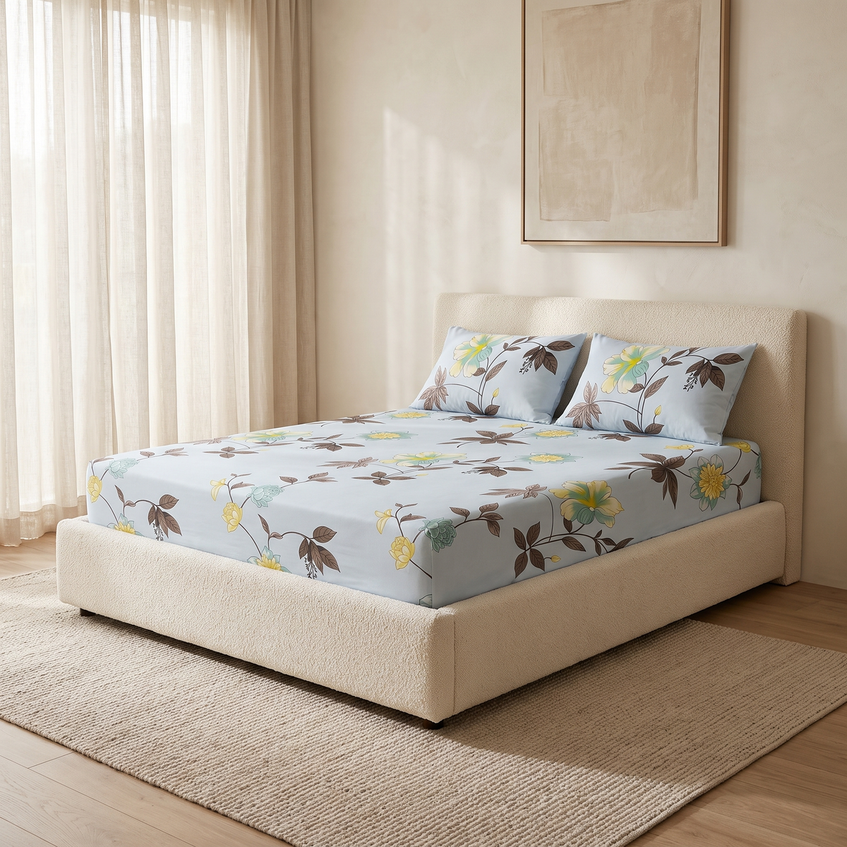 Azure Sheet Set, made bed, yellow blooms on sky blue