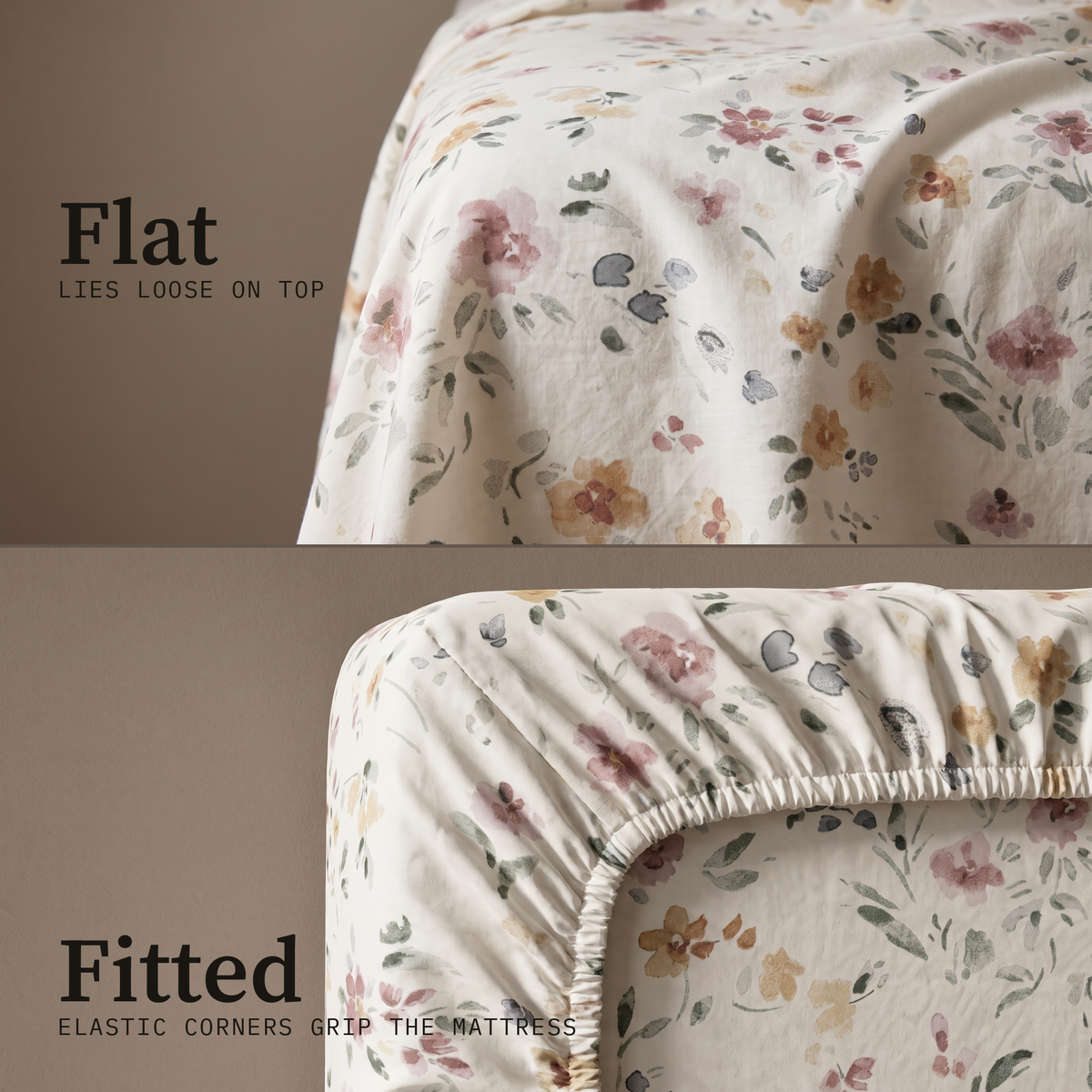 Meadow Sheet Set, flat and fitted sheet side by side, watercolor wildflowers in rose and amber