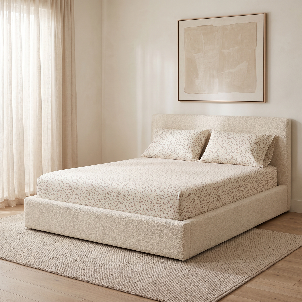 Fern Sheet Set, made bed, tiny sprigs on cream