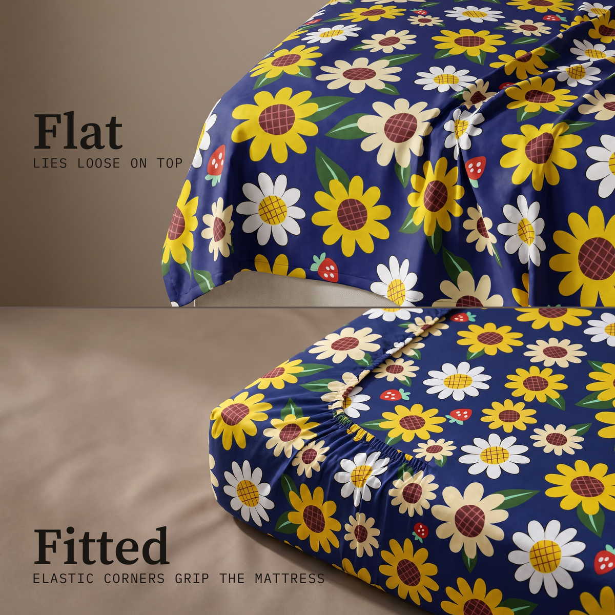 Sunny Sheet Set, flat and fitted sheet side by side, sunflowers and daisies on navy