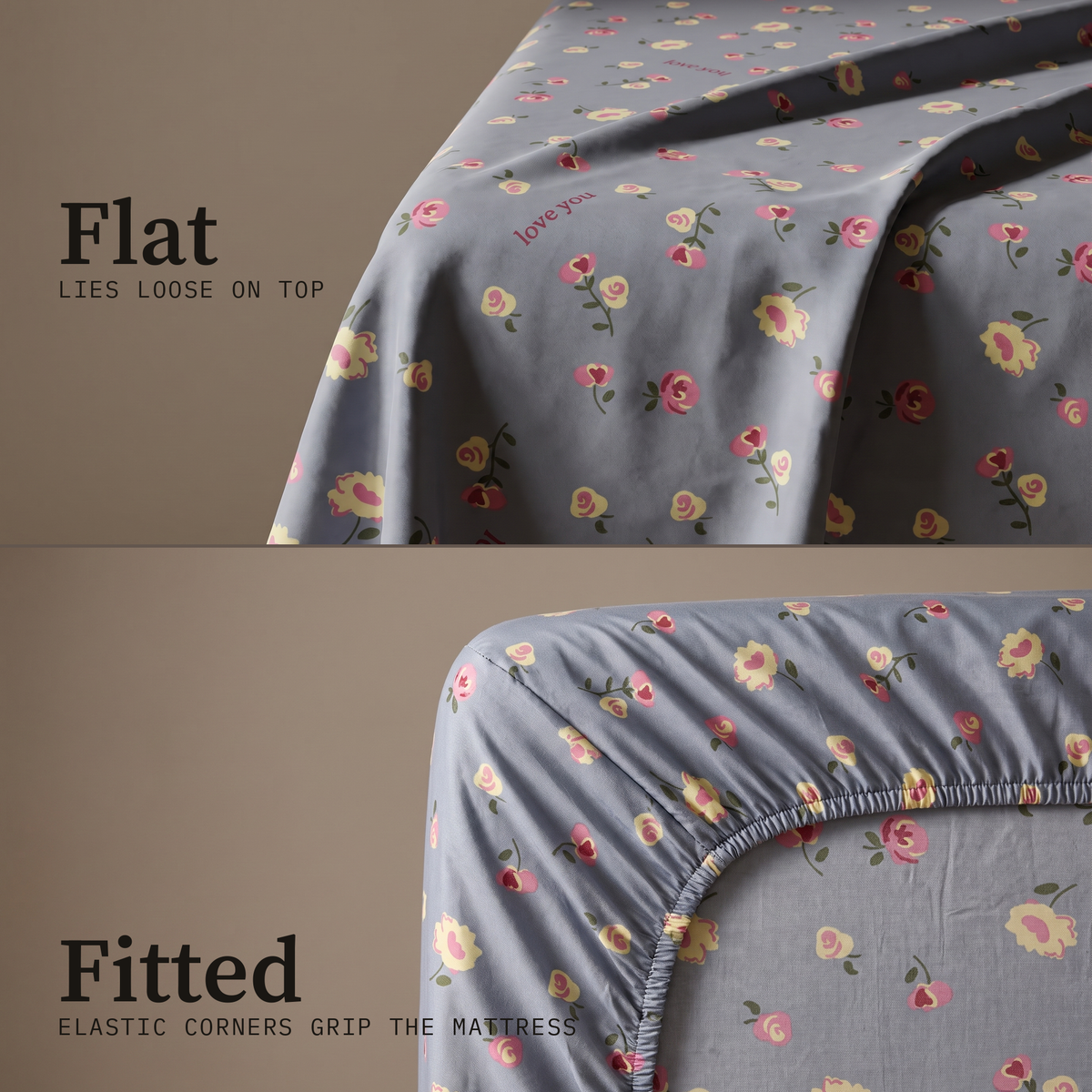 Amour Sheet Set, flat and fitted sheet side by side, small roses and hearts on dusty blue
