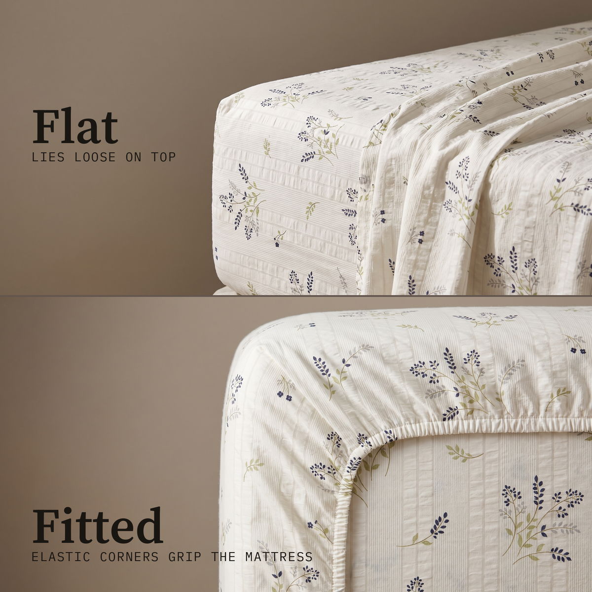 Heather Sheet Set, flat and fitted sheet side by side, thyme and heather in gray-green on cream
