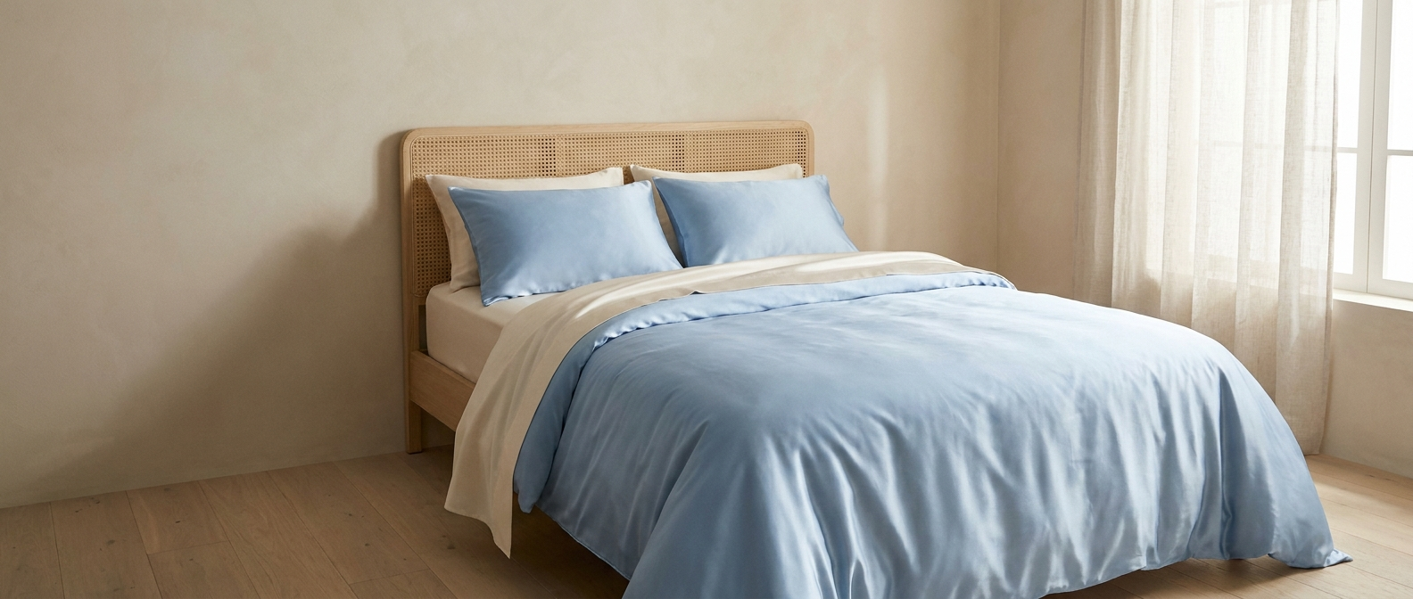A bed made up in powder blue satin over an ivory flat sheet, morning light through a sheer curtain