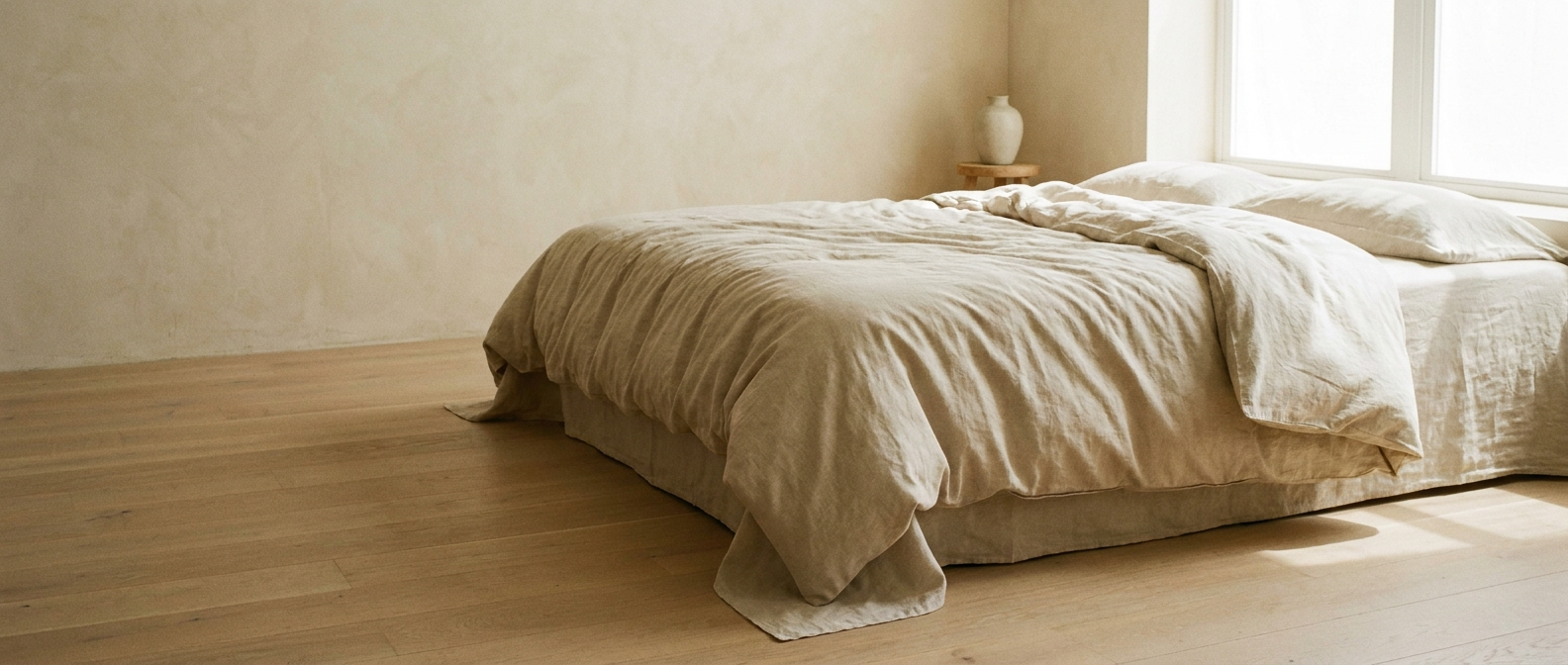 A duvet in deep folds with its full drop down the side of the bed