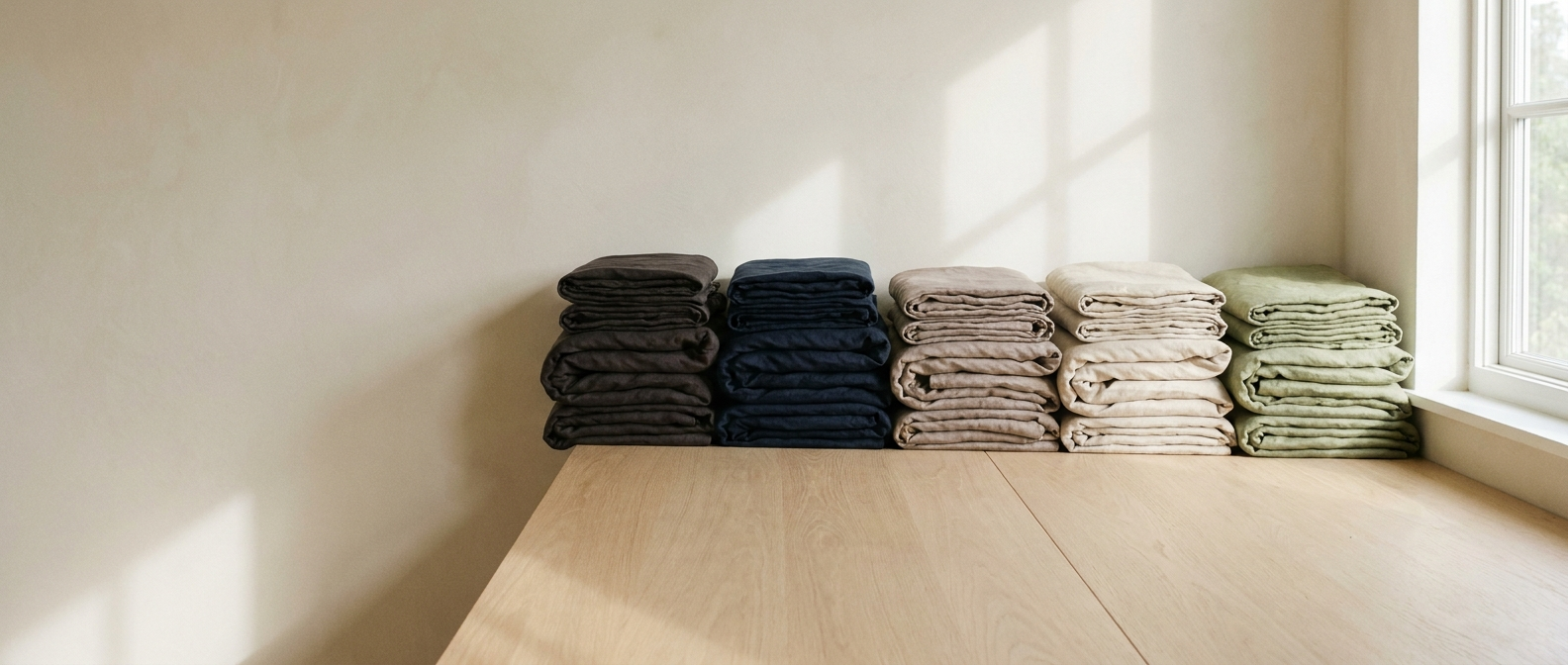 Stacks of folded bedding anchored by charcoal and navy