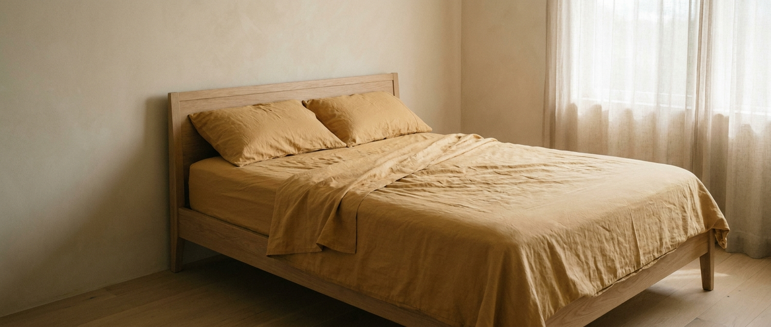 A bed dressed only in honey gold sheets, the flat sheet folded back over the fitted sheet
