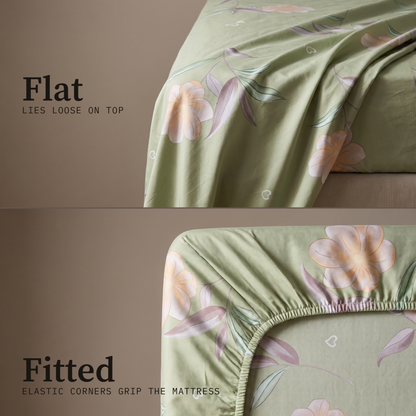 Lotus Sheet Set, flat and fitted sheet side by side, pale pink lotus flowers on sage green
