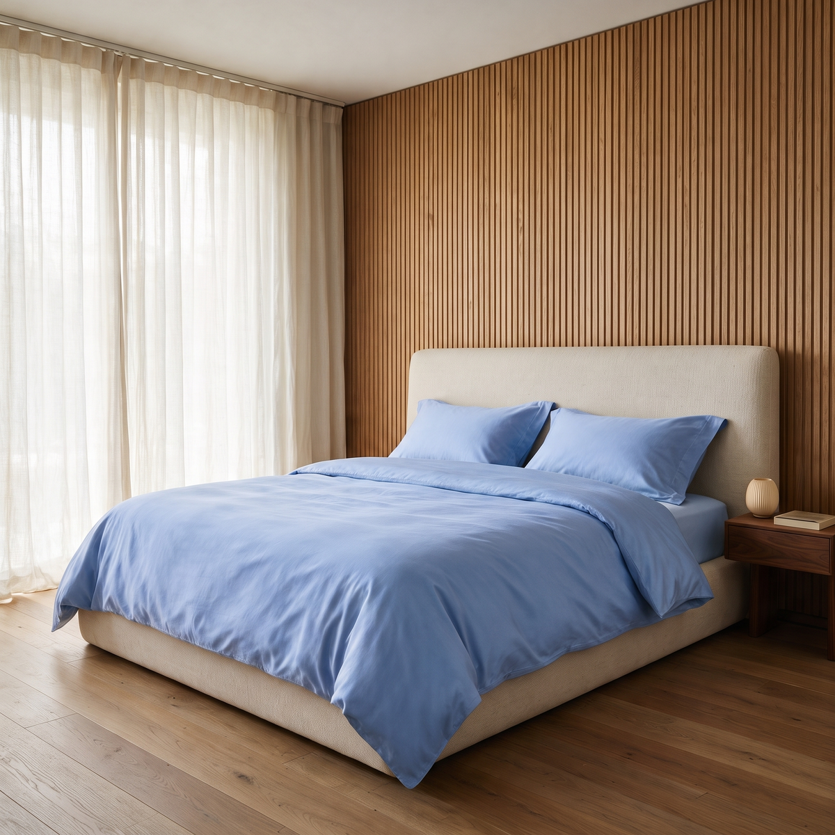 Sky Duvet Cover Set, made bed in an oak slat bedroom, clear cool blue