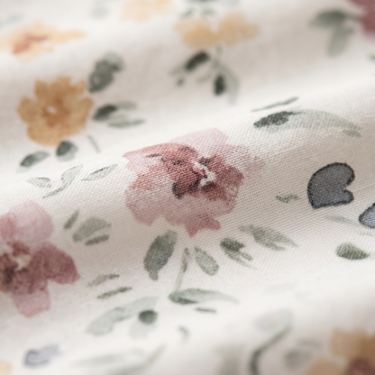 Meadow Sheet Set, fabric close-up, watercolor wildflowers in rose and amber