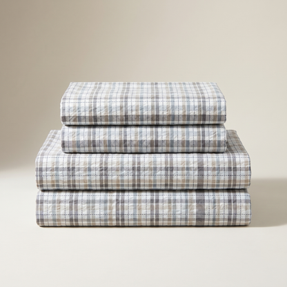 Oxford Sheet Set, folded stack, gray and slate blue plaid