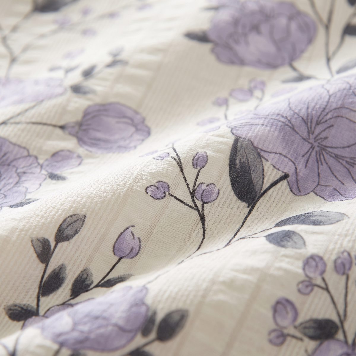 Peony Sheet Set, fabric close-up, lilac peonies on ivory
