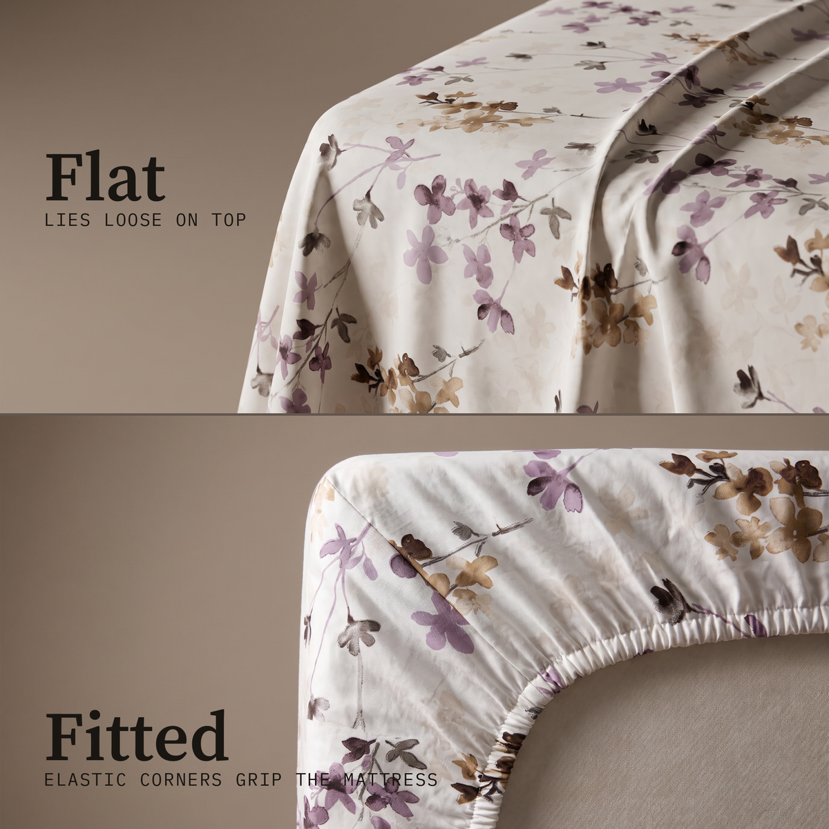 Blossom Sheet Set, flat and fitted sheet side by side, plum and mauve blossoms on cream