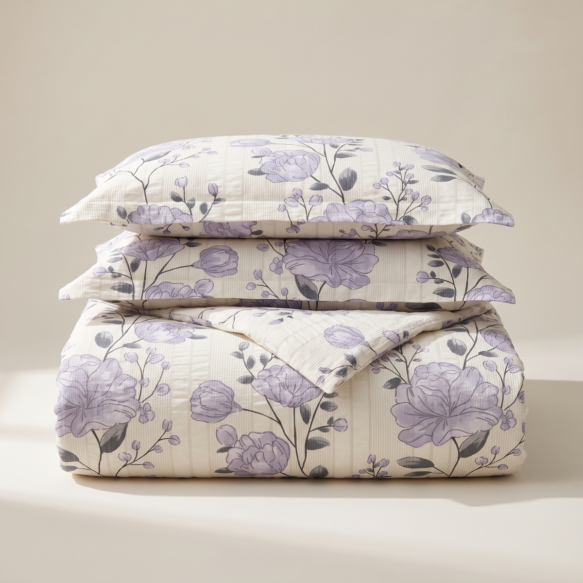 Peony Duvet Cover Set, folded stack, lilac peonies on ivory