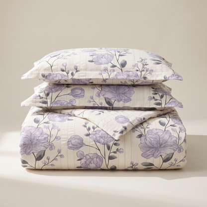 Peony Duvet Cover Set, folded stack, lilac peonies on ivory