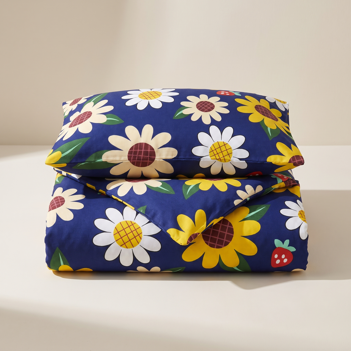 Sunny Duvet Cover Set, folded stack, sunflowers and daisies on navy