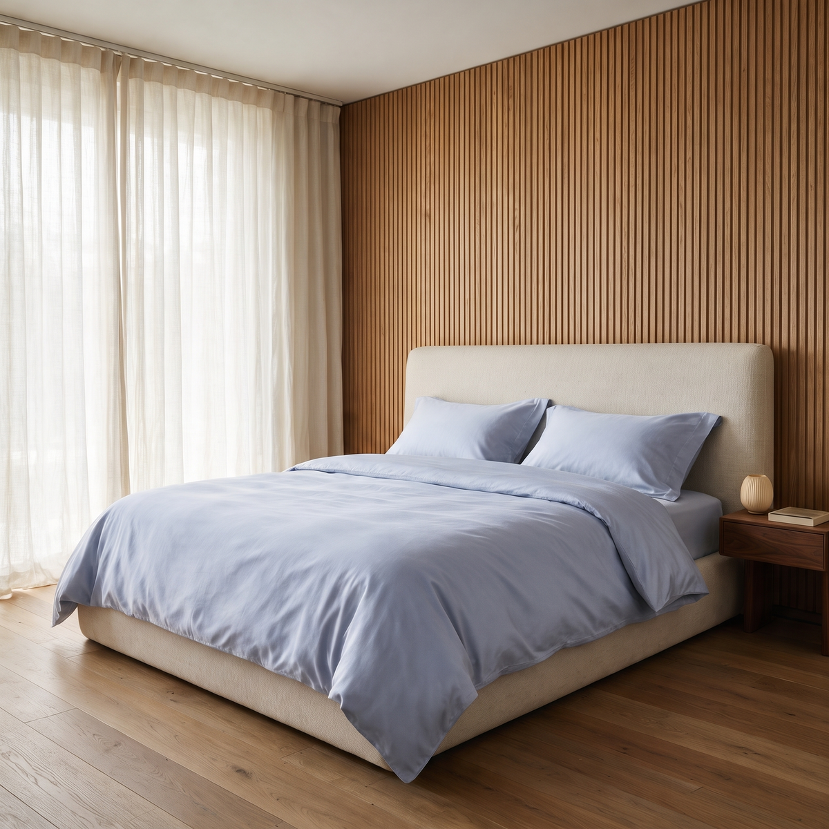 Aqua Duvet Cover Set, made bed in an oak slat bedroom, pale water blue