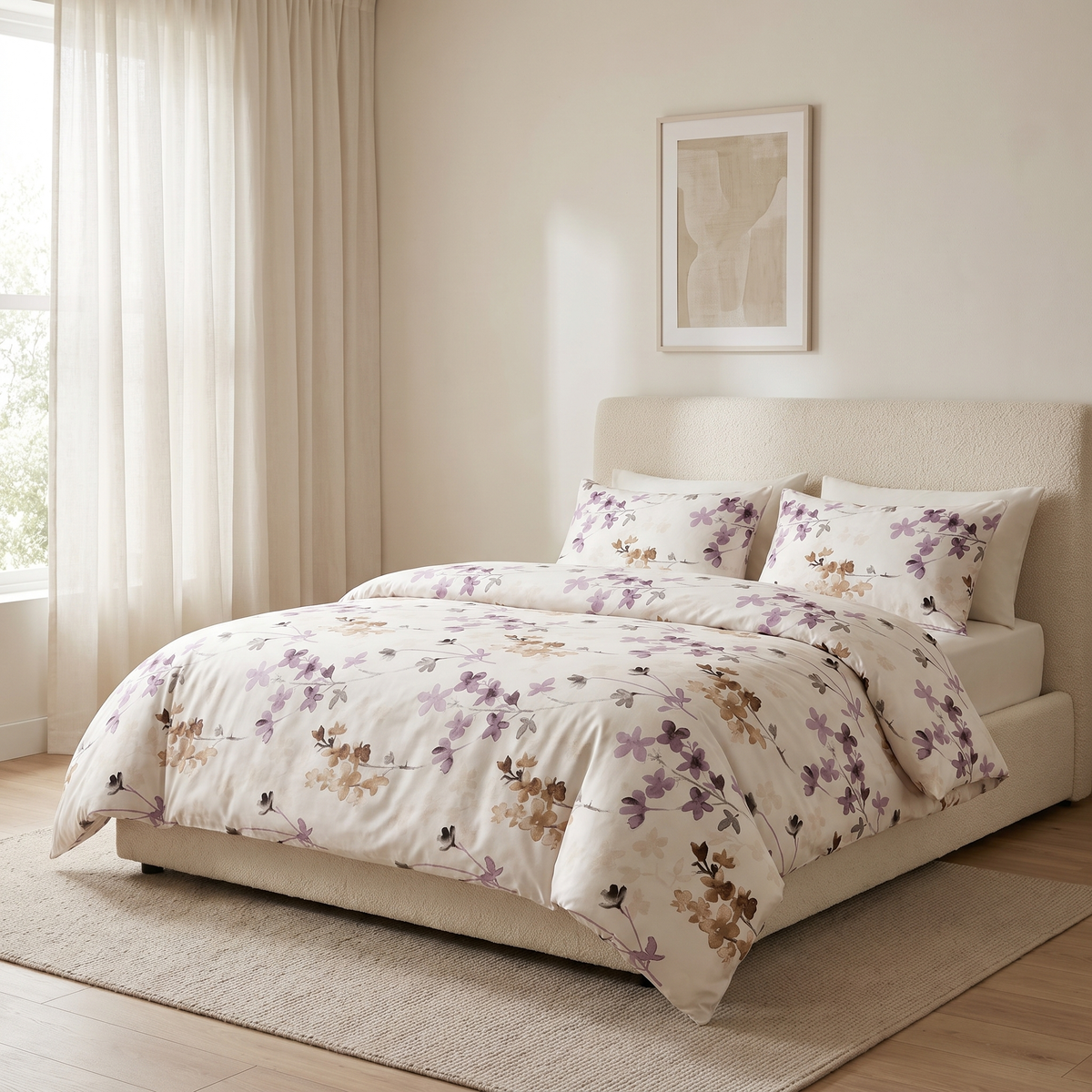Blossom Duvet Cover Set, made bed, plum and mauve blossoms on cream