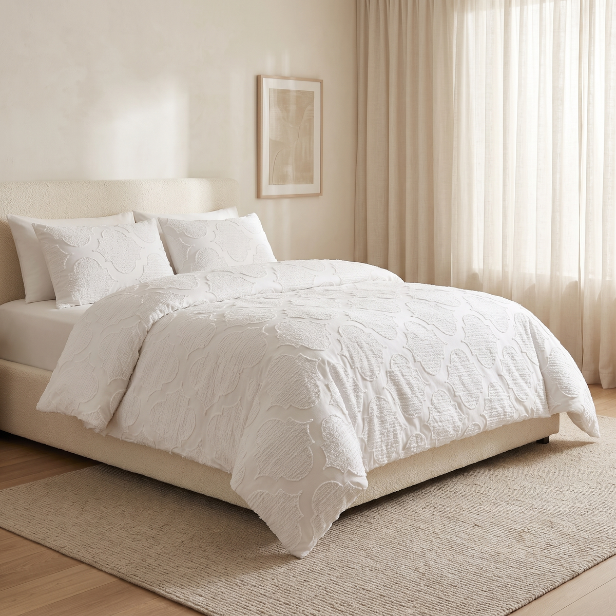 Lattice Duvet Cover Set, made bed, white on white raised lattice