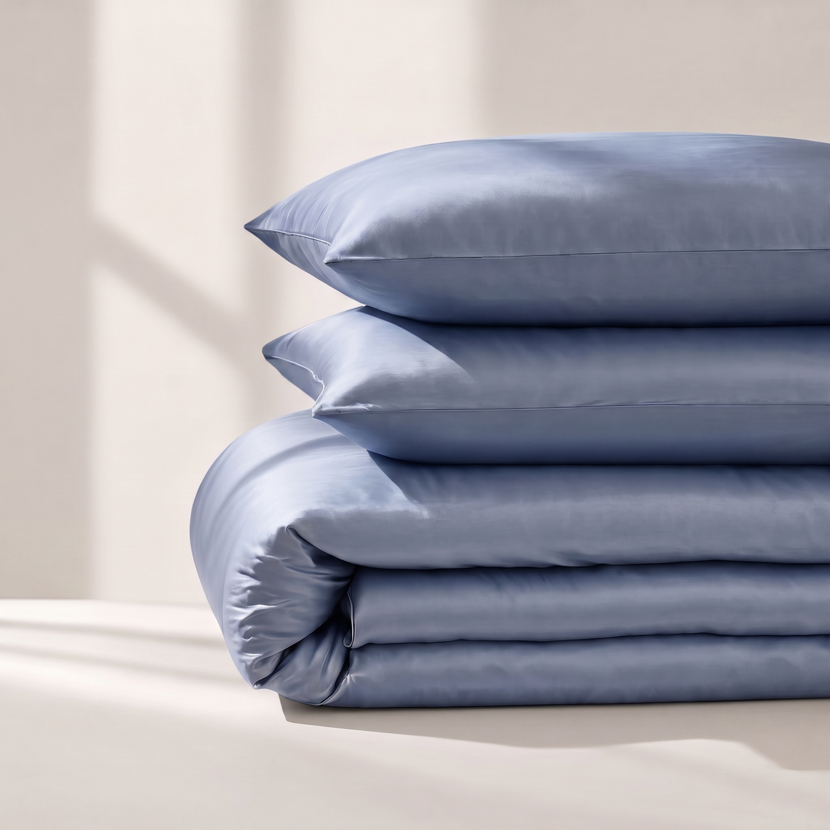 Cloud Sateen Duvet Cover Set, folded stack, soft gray-blue