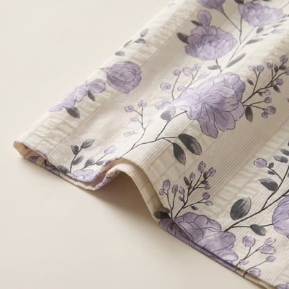 Peony Sheet Set, fold detail, lilac peonies on ivory