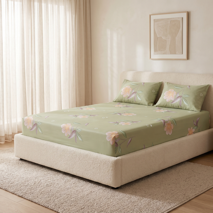 Lotus Sheet Set, made bed, pale pink lotus flowers on sage green
