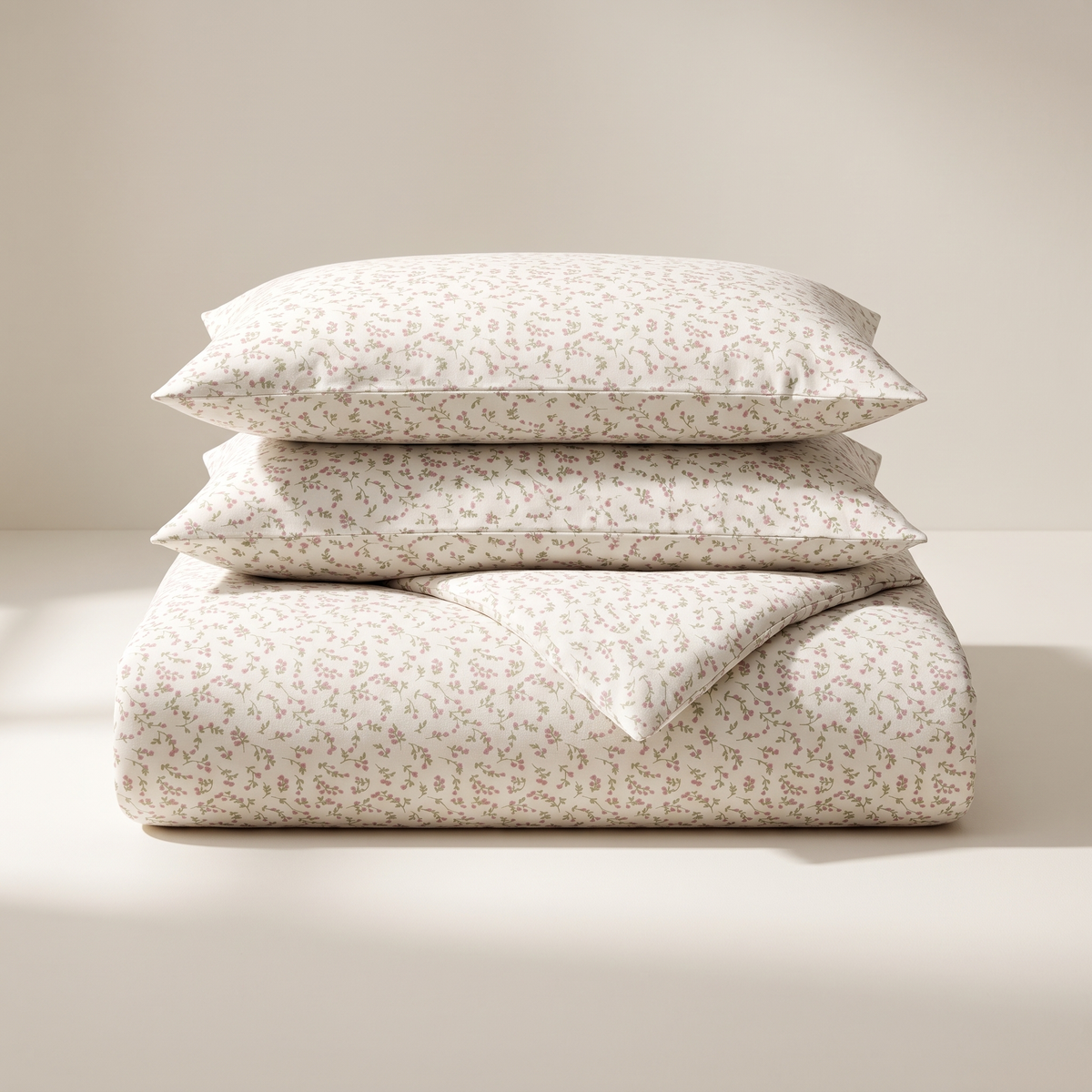 Fern Duvet Cover Set, folded stack, tiny sprigs on cream