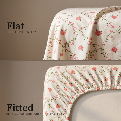 Trellis Sheet Set, flat and fitted sheet side by side, coral flowers on a green trellis