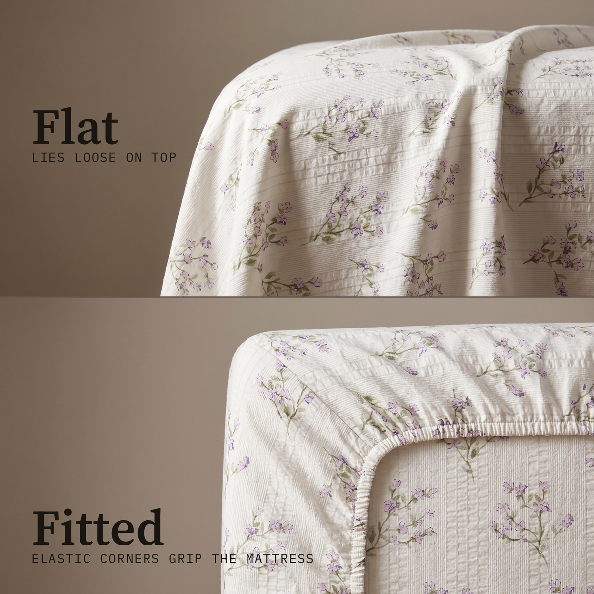 Lavender Sheet Set, flat and fitted sheet side by side, lavender sprigs on cream