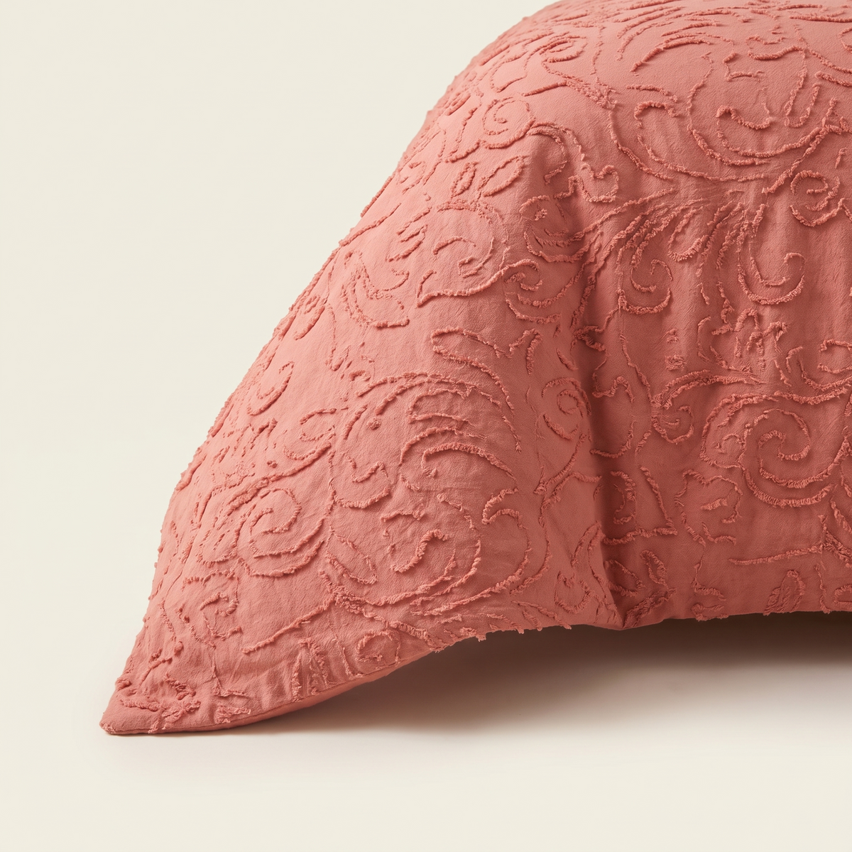 Coral Duvet Cover Set, fold detail, warm coral with a raised damask