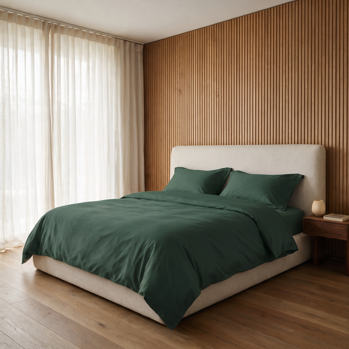 Forest Duvet Cover Set, made bed in an oak slat bedroom, muted gray-green