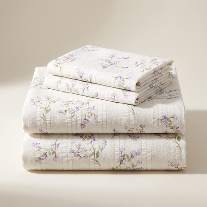 Lavender Sheet Set, folded stack, lavender sprigs on cream