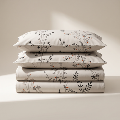 Willow Sheet Set, folded stack, dark wildflower stems on warm stone