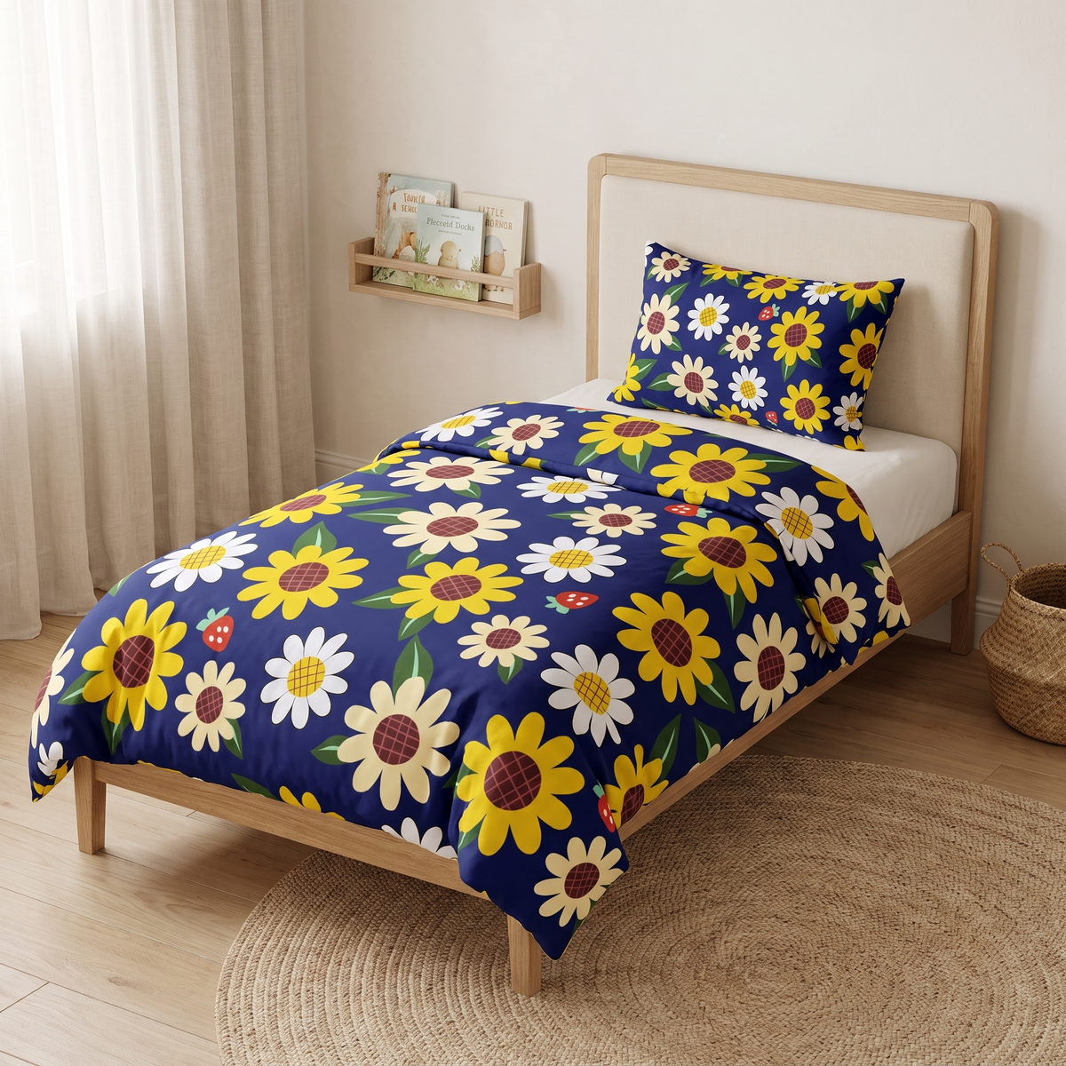 Sunny Duvet Cover Set, made bed, sunflowers and daisies on navy