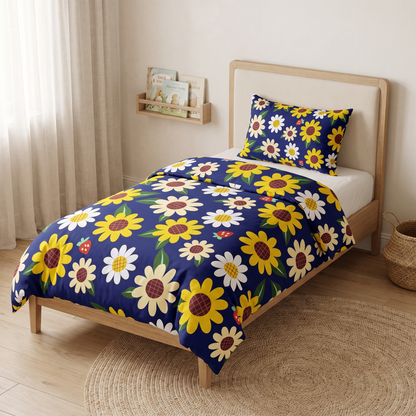 Sunny Duvet Cover Set, made bed, sunflowers and daisies on navy