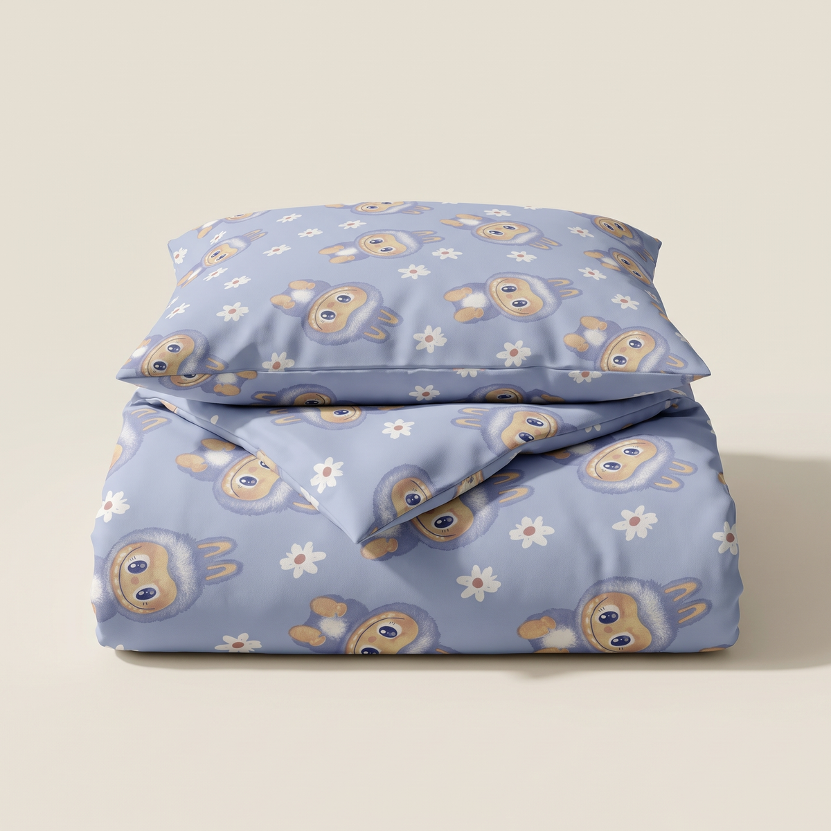 Burrow Duvet Cover Set, folded stack, rabbits and daisies on periwinkle