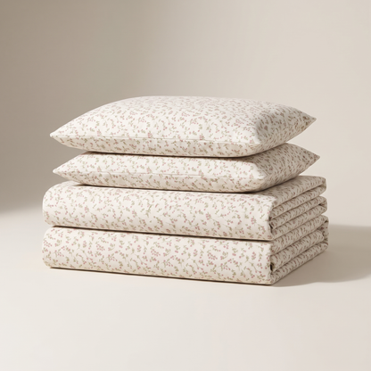 Fern Sheet Set, folded stack, tiny sprigs on cream