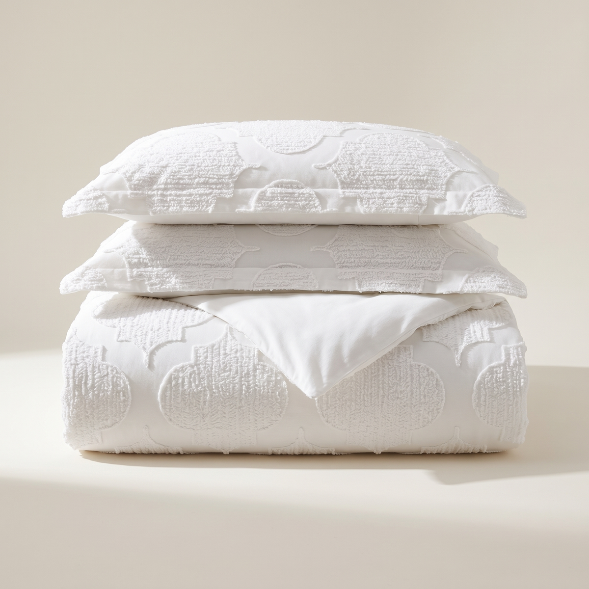 Lattice Duvet Cover Set, folded stack, white on white raised lattice