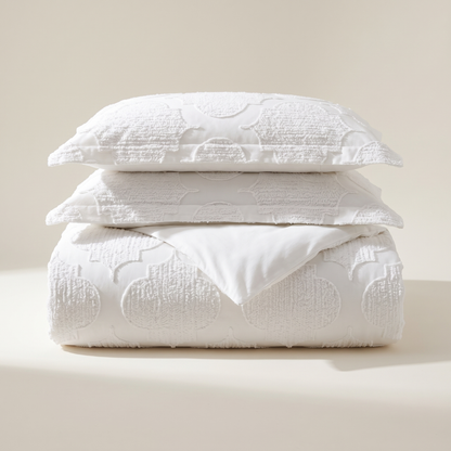 Lattice Duvet Cover Set, folded stack, white on white raised lattice