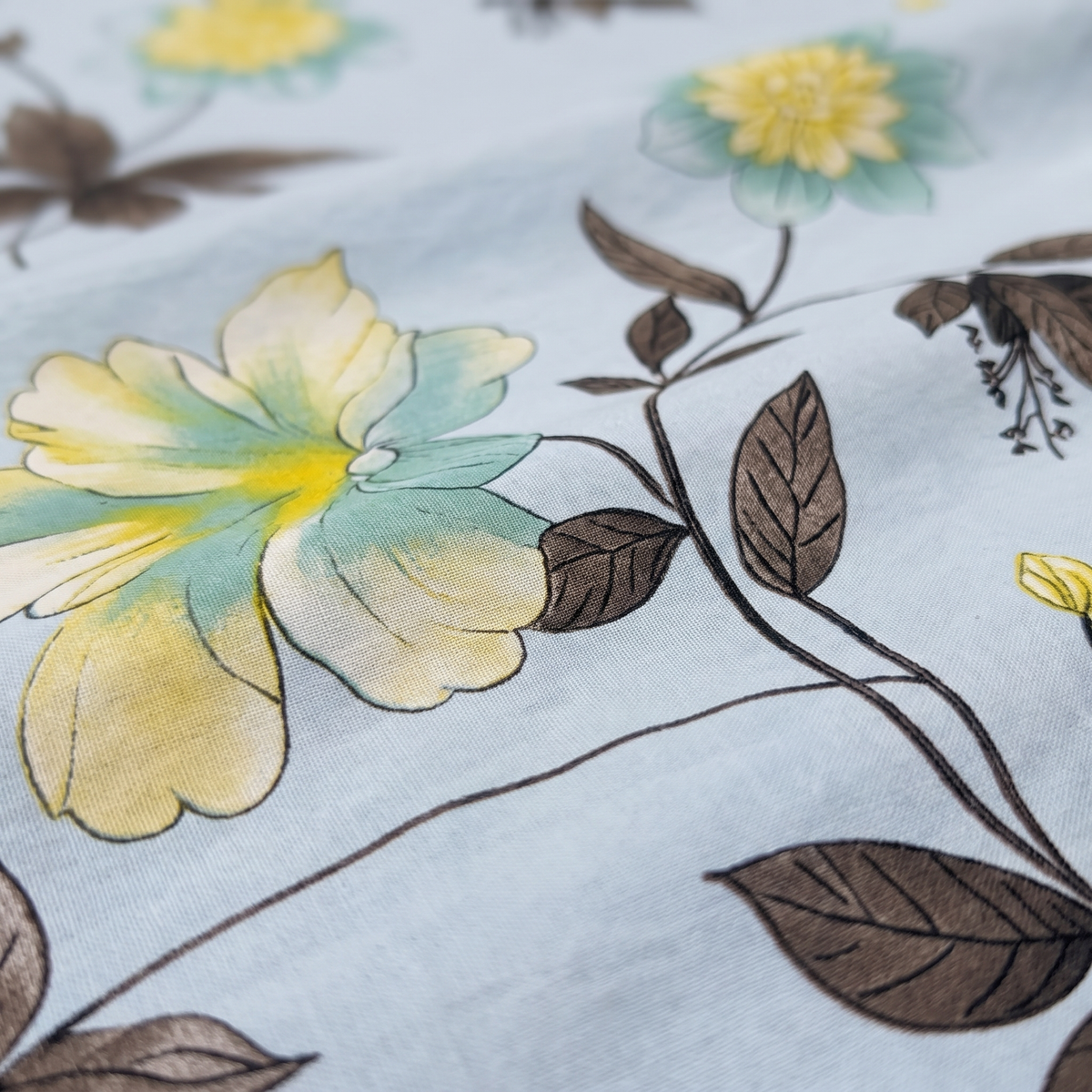 Azure Duvet Cover Set, fabric close-up, yellow blooms on sky blue