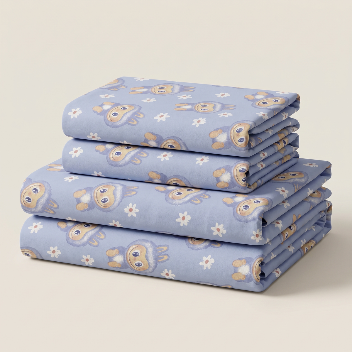 Burrow Sheet Set, folded stack, rabbits and daisies on periwinkle