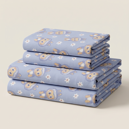 Burrow Sheet Set, folded stack, rabbits and daisies on periwinkle