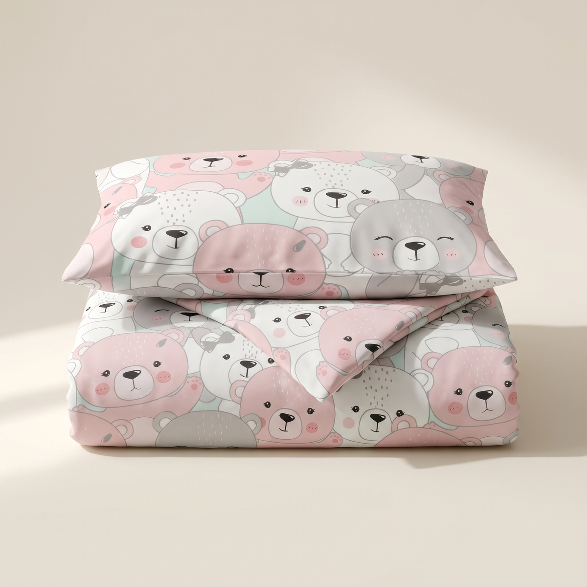 Cuddle Duvet Cover Set, folded stack, pink and gray teddy bears