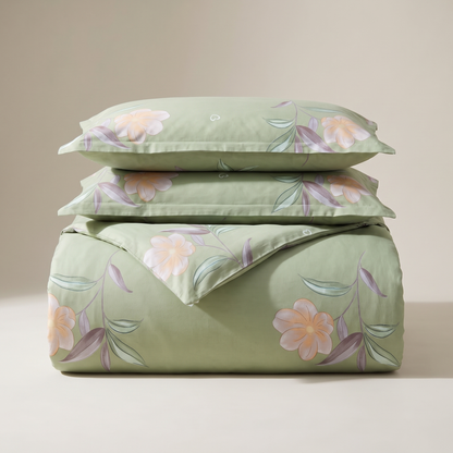 Lotus Duvet Cover Set, folded stack, pale pink lotus flowers on sage green
