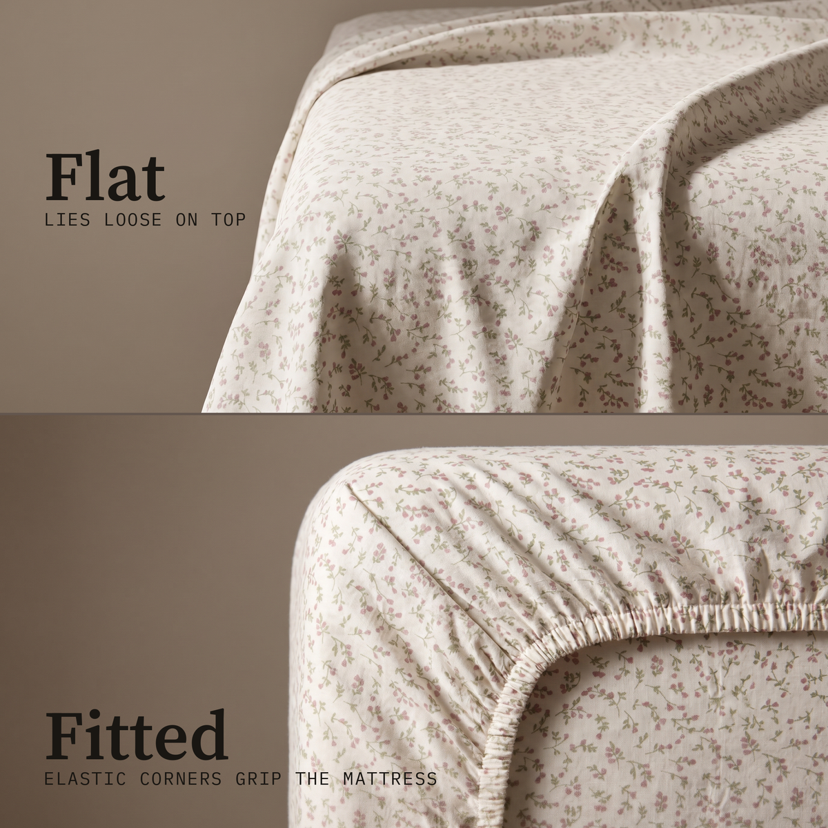 Fern Sheet Set, flat and fitted sheet side by side, tiny sprigs on cream