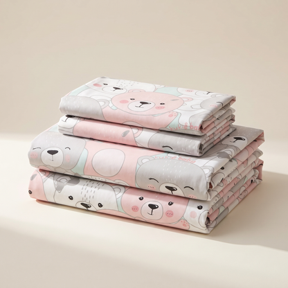 Cuddle Sheet Set, folded stack, pink and gray teddy bears