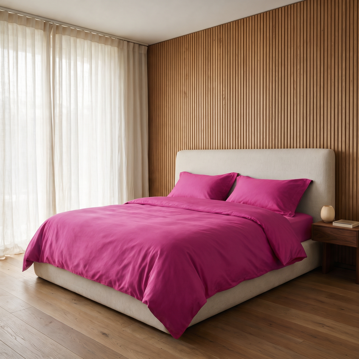 Fuchsia Duvet Cover Set, made bed in an oak slat bedroom, deep pink