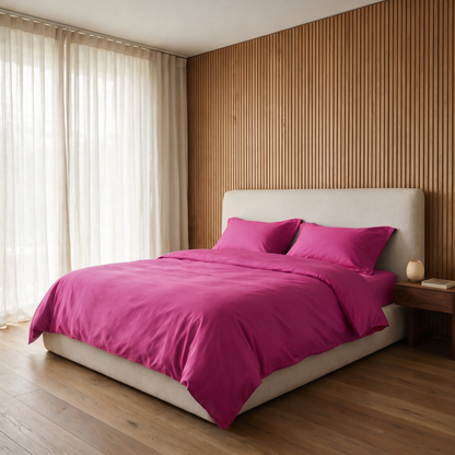Fuchsia Duvet Cover Set, made bed in an oak slat bedroom, deep pink